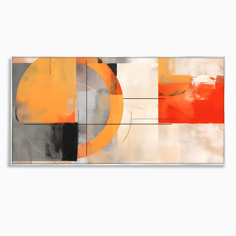 Tablou canvas cu pictura abstracta cu cerc galben, in rama de aluminiu argintiu